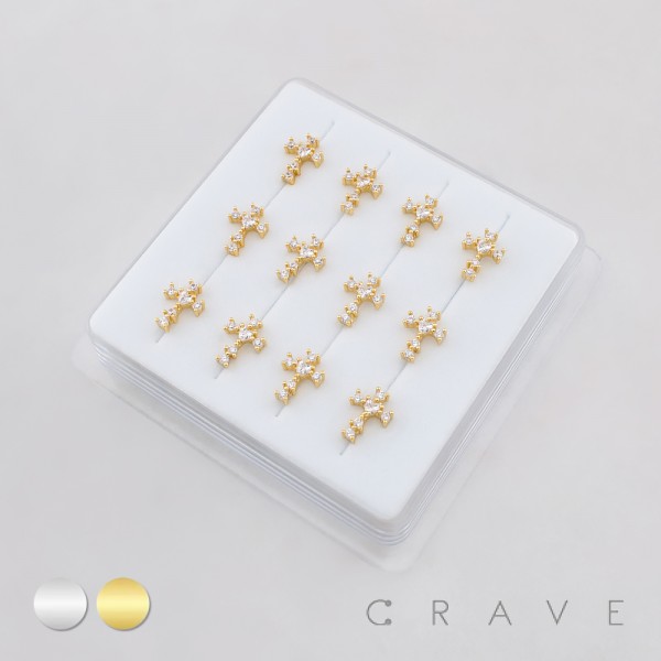 12PCS OF MULTI CZ CROSS CENTER HEART CZ 316L SURGICAL STEEL L-SHAPE NOSE RING BOX